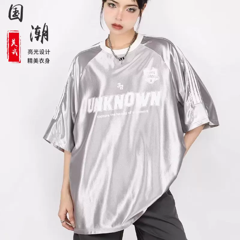 国潮美式复古亮光设计 印花圆领短袖T恤女 夏季情侣三杠半袖上衣