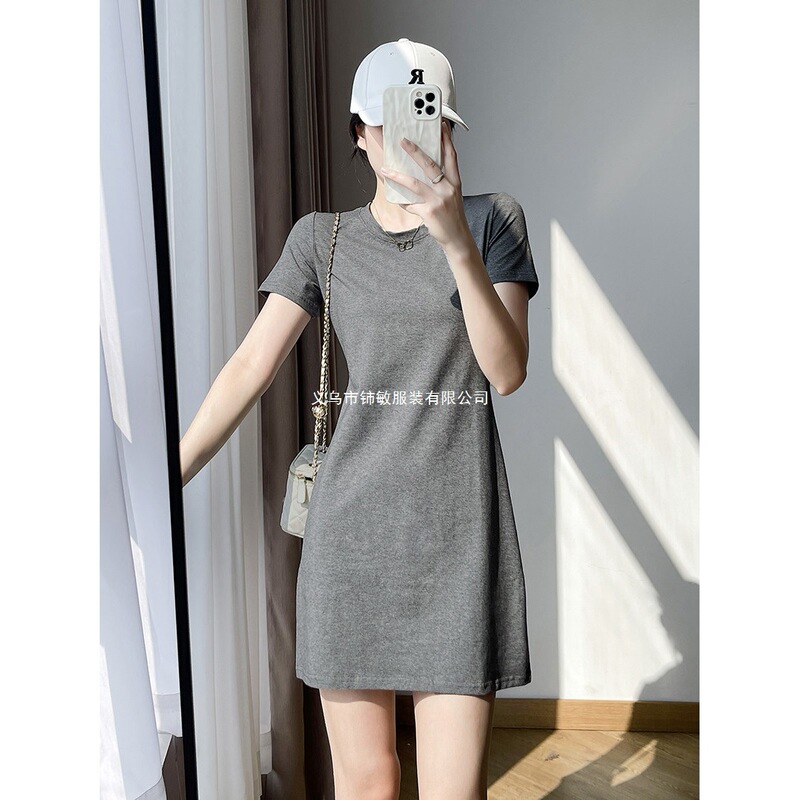 Round Neck Gray Waist-Cinching Short-Sleeved T-Shirt Mid-Length Dress Summer Simple Versatile Slim-Fit Casual Dress Round Neck Gray Waist-Cinching Short-Sleeved T-Shirt Mid-Length Dress Summer Simple Versatile Slim-Fit Casual Dress