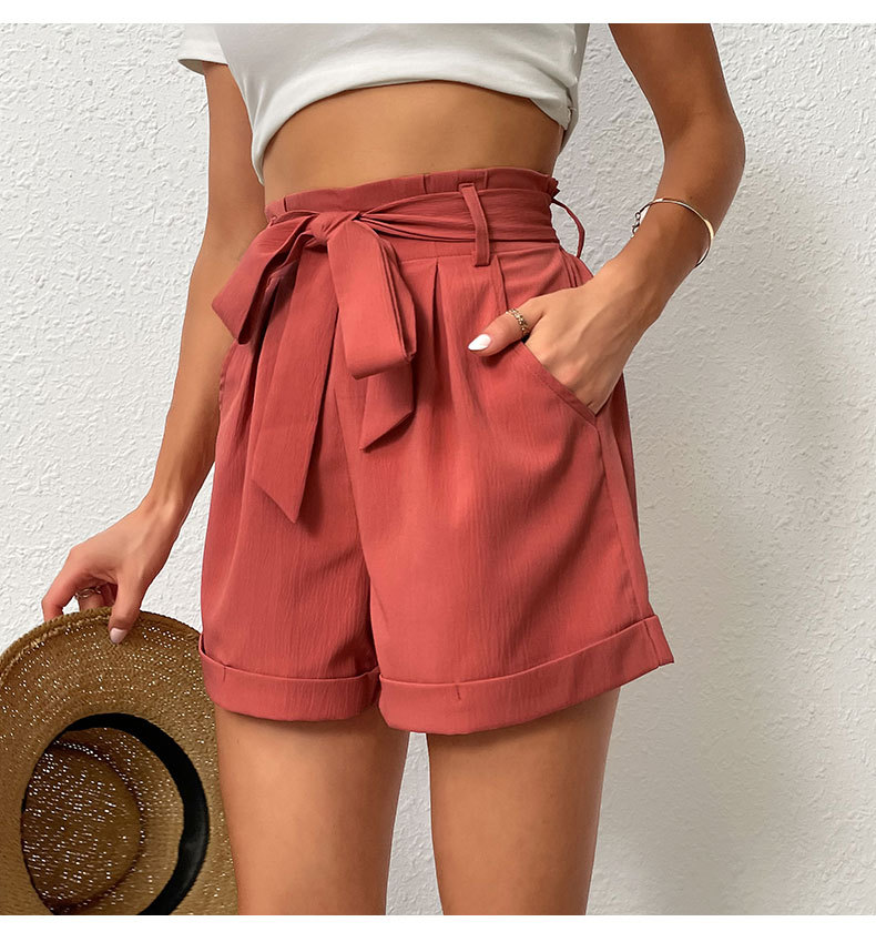 Düz Renk Bağcıklı Yüksek Bel Rahat Elastik Geniş Paça Şort_voghion.com