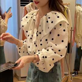 【现货】法式复古波点衬衫女春装新款甜美减龄娃娃领别致小上衣