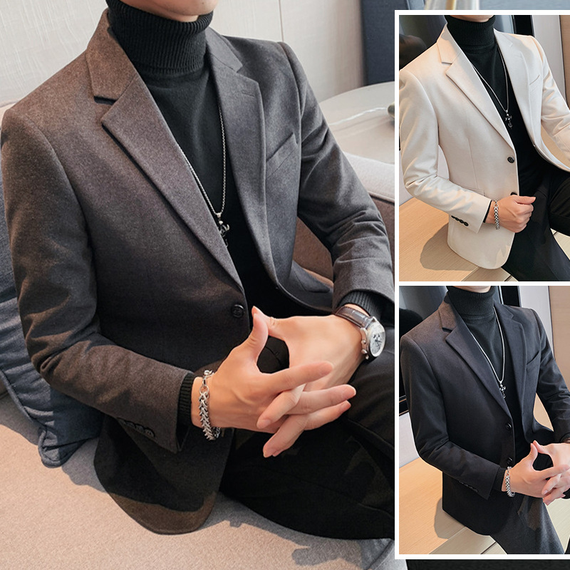 男士休闲西装外套修身英伦风秋冬季毛呢子厚款小西服商务上衣单件