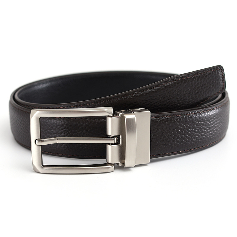 Men's belt made from top-grain cowhide, pin buckle, reversible buckle, double-sided genuine leather, versatile daily style belt for young and middle-aged men.