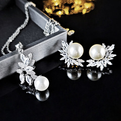 韓版高檔熱銷款首飾歐美輕奢珍珠鋯石鑲嵌項鍊耳環e6068-x6063