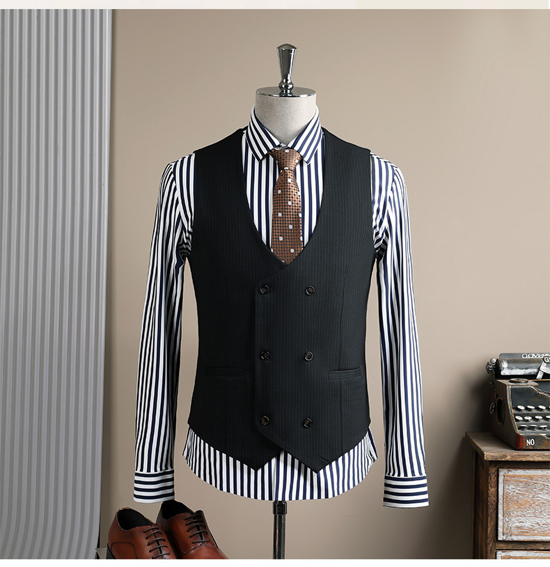 Men's Slim Fit Double Breasted Black Suit Professional Jacket_voghion.com