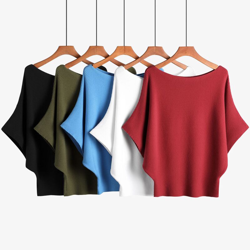 2026 Amazon European and American Women's Knitwear Off-Shoulder Batwing Sweater Short-Sleeve Pullover Loose Ribbed Top