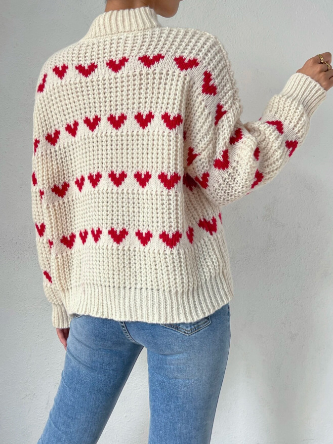 Sweater Tops Type Daily Occasion Turtleneck Neckline Loose Fit Type Heart Shape Pattern Wholesale Women's Casual Preppy Style Heart Shape Long Sleeve Contrast Binding Sweaters & Cardigans