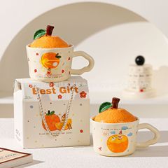 みかんカップオフィス誕生日プレゼント陶磁器カップマグカップ蓋付きお土産かわいいカップ家庭用水を飲む