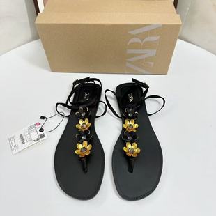 Za Women's Shoes 2025 Summer Internet Celebrity Herringbone Black Sandals Flats Bottom Clip Toe Roman Fairy Style Outer Slippers for Women