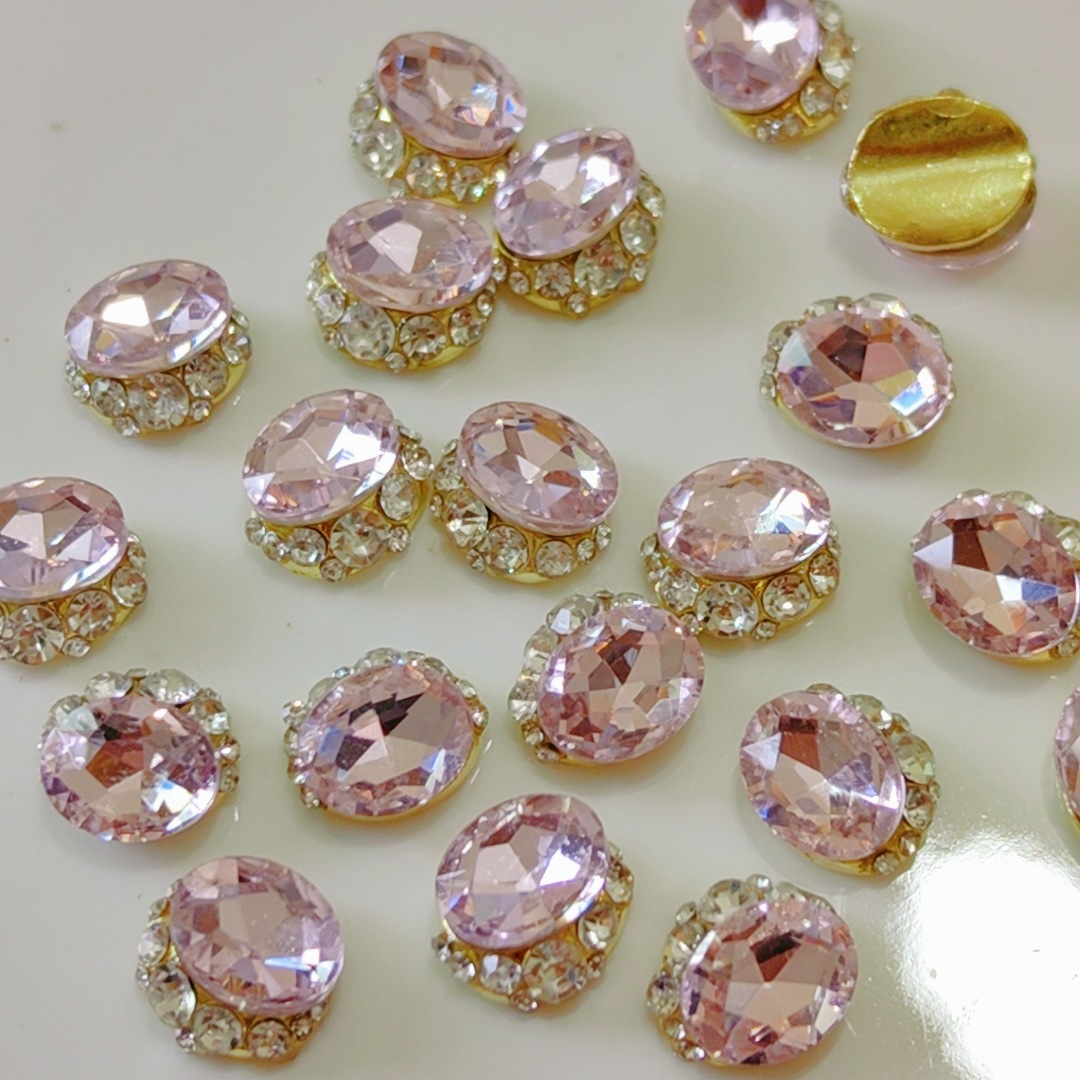 Oval gold background pink diamond [10*12mm] [more diamonds at the point]