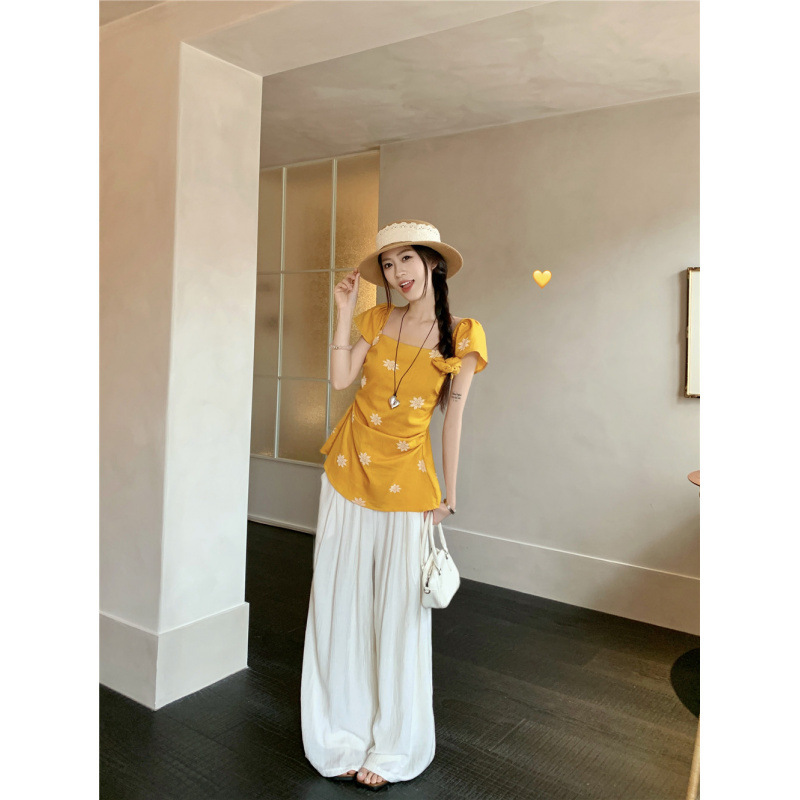 Xifengpineapple Summer New Retro Vacation Style Embroidered Small Flying Sleeves Waist Shirt + High Waist Wide Leg Casual Pants