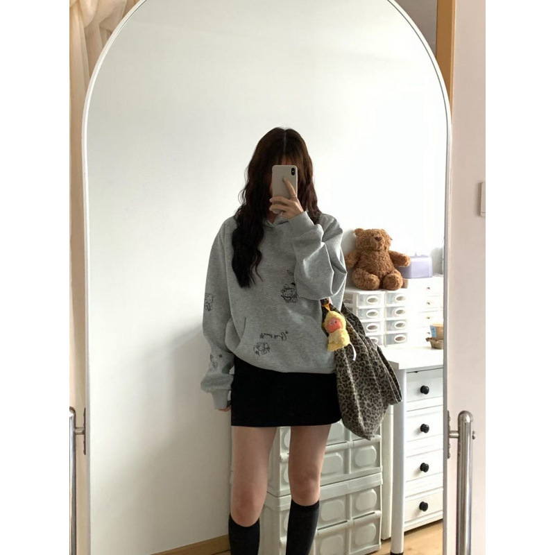 纯棉华棉复合薄款320克/加绒420克布面+手感印花无帽绳连帽卫衣女|undefined
