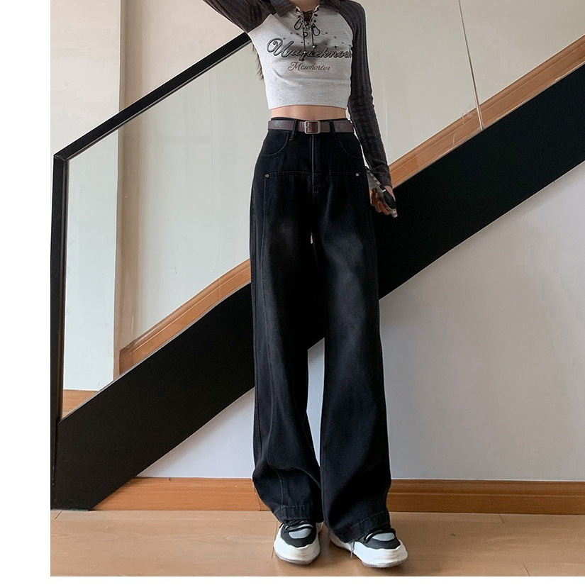 [single/fleece-lined optional] black gray wide leg jeans women 2024 autumn and winter new stitching loose high waist