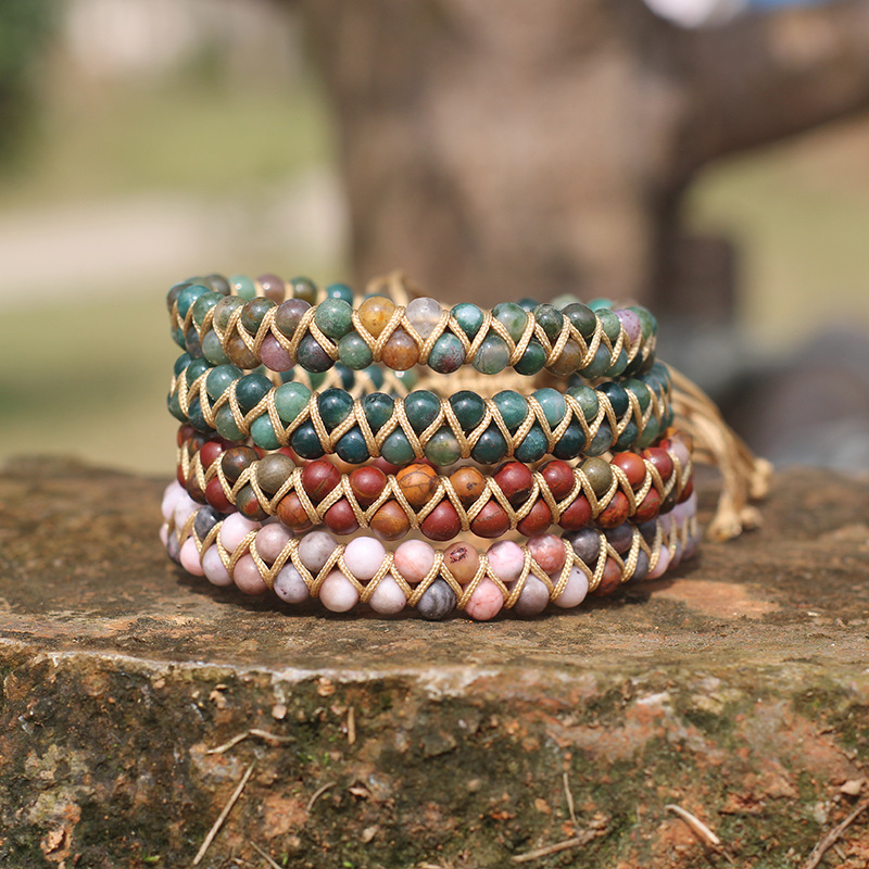 Temu跨境热卖双层编织天然石印度玛瑙手链欧美波西米亚手工饰品