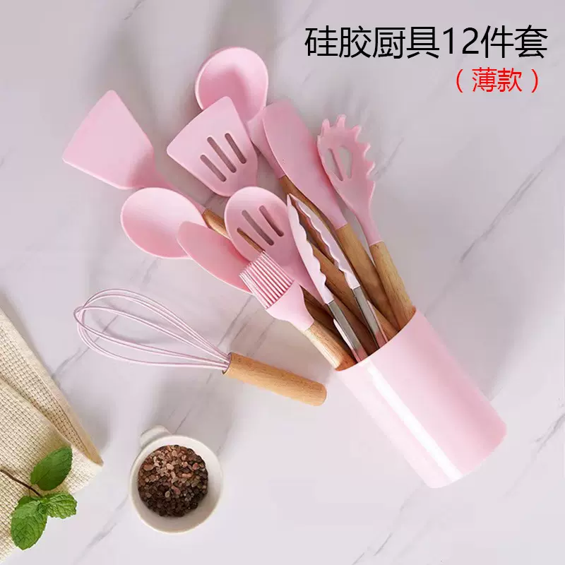 迷你木柄硅胶厨具12件套不粘锅炒菜厨房工具烹饪铲勺收纳工具批发