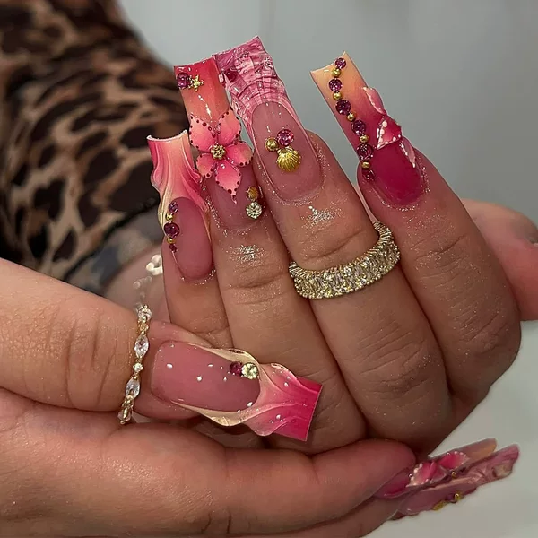 24pcs pink-toned floral rhinestone trapezoidal press-on nails, long handmade finished nail pieces, cross-border light luxury fake nails