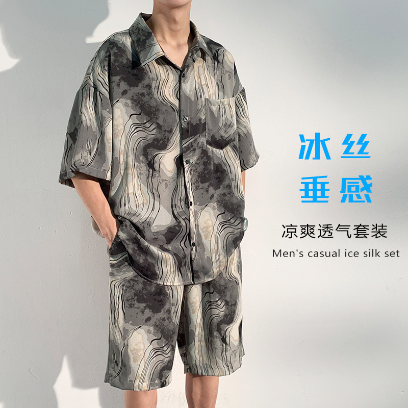 중국 스타일 얼음 실크 비치 정장 남자 여름 얇은 대형 캐주얼 남성 의류 반팔 셔츠 반바지