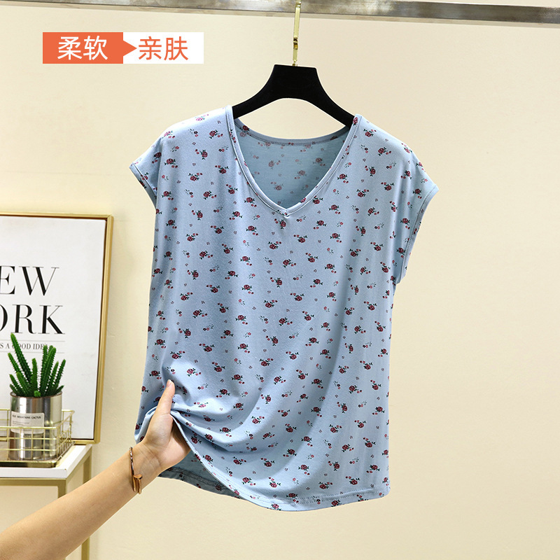 New Modal V Neck T-Shirt Women's Summer Thin Floral Inner Top Loose Middle-Aged and Elderly Casual Bottoming Sweatshirt