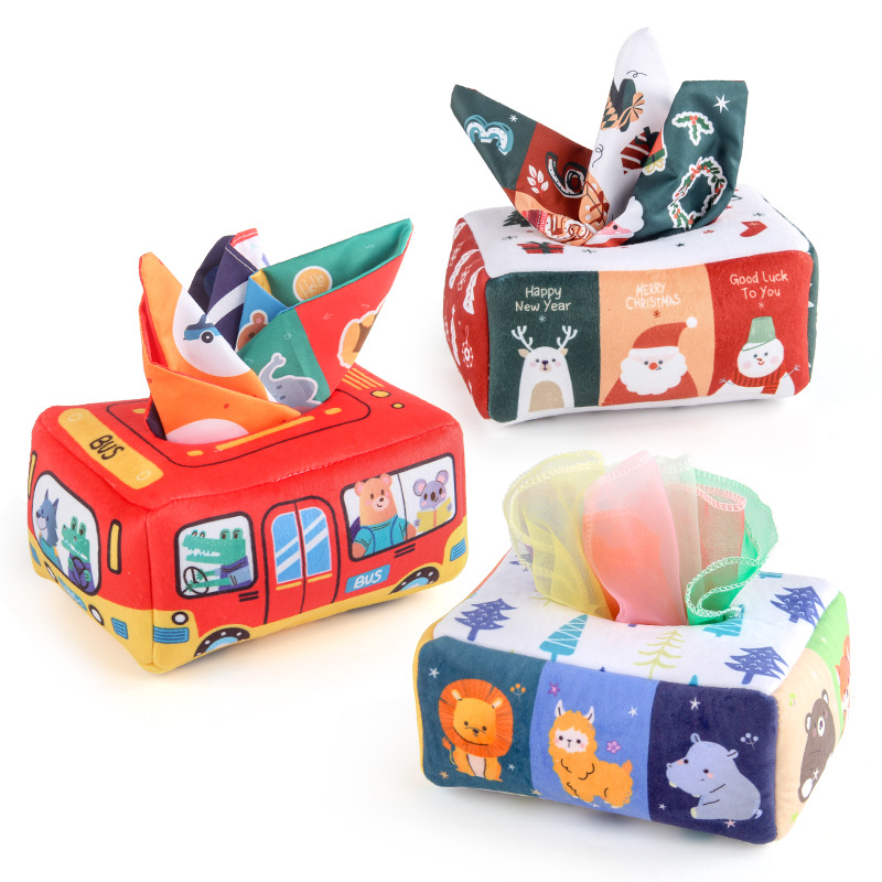 Bebé Educativo Educación Temprana libro de tela caja de juguete bebé sonando papel de tela libro de simulación de Navidad animal caja de pañuelos sin lágrimas