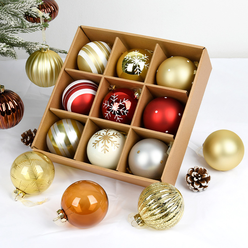 Decoraciones navideñas de vidrio pintado bola de decoración de árbol de Navidad accesorios colgantes bola colgante bola 9 bolas de caja 8CM