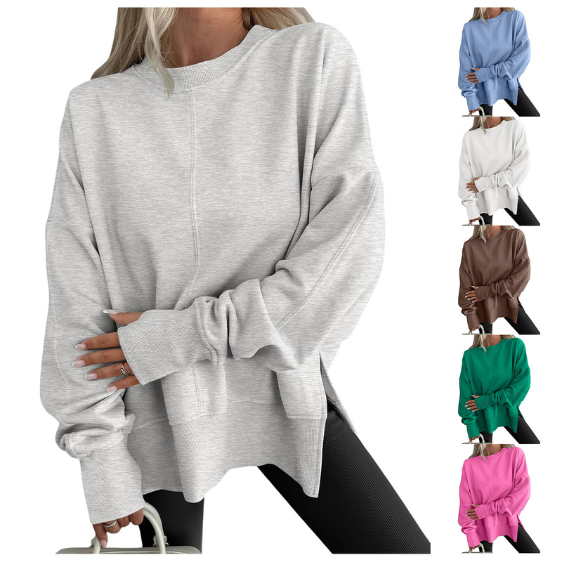 European and American Cross-Border Amazon Temu Popular Loose Sweatshirt with Side Slits and Round Neck Bat Sleeves Fleece-Lined Top