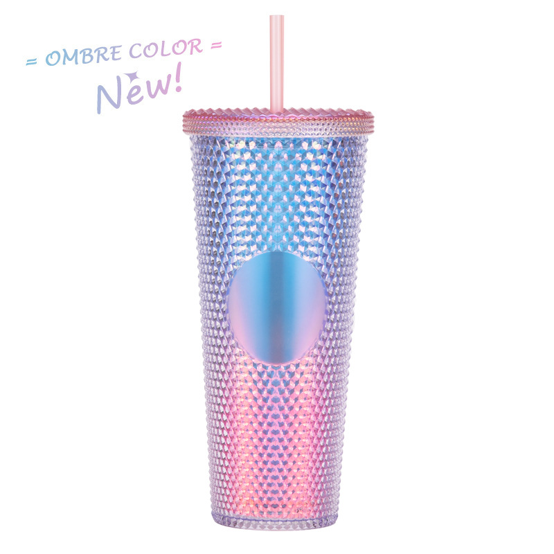 Suministro directo de fábrica de doble capa de paja de plástico taza de gran capacidad creativa 710ml taza Durian taza de mano portátil taza de diamante