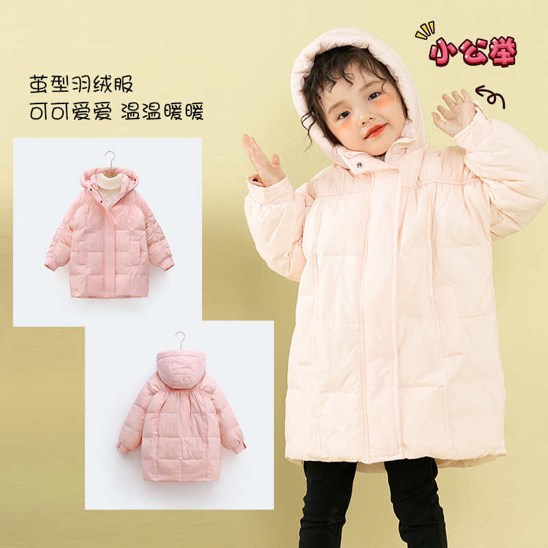 90% de invierno para Niñas Ropa para niños niñas con capucha cálida chaqueta de media longitud alargada larga