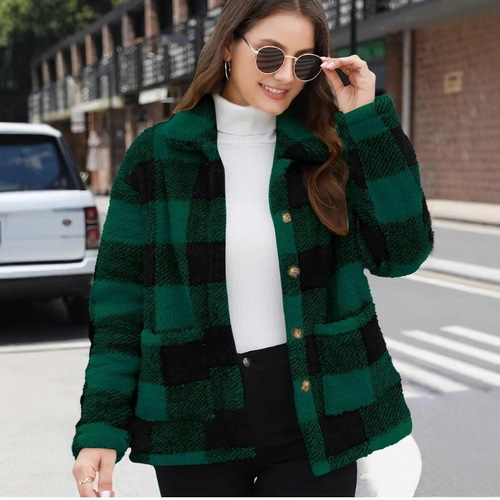 European and American Style Plaid Fleece Jacket with Pockets, Versatile Long-Sleeve Winter Fashion Casual Jacket