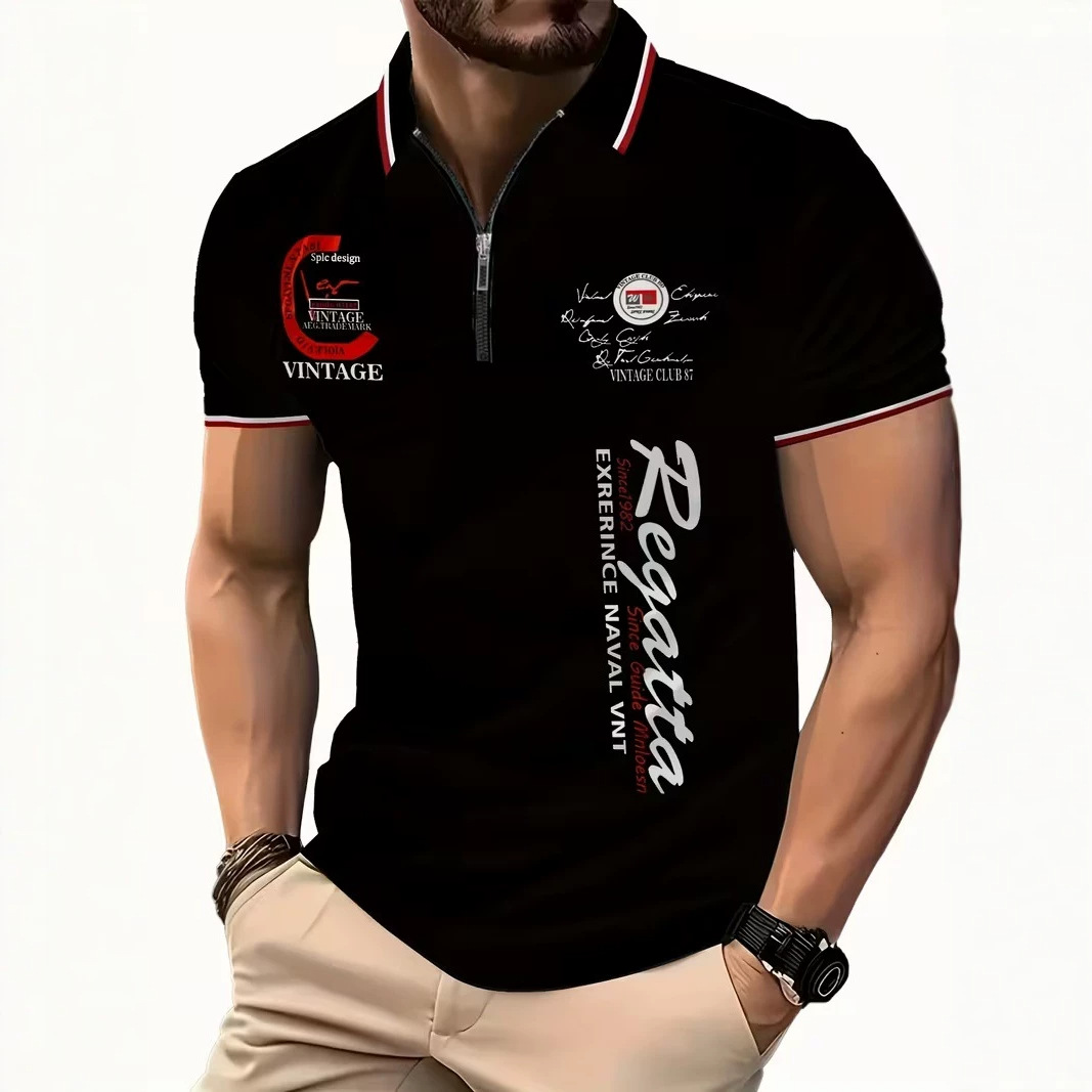 Fuente de fábrica de explosión transfronteriza nueva solapa hombre casual de manga corta zip polo impresión de verano