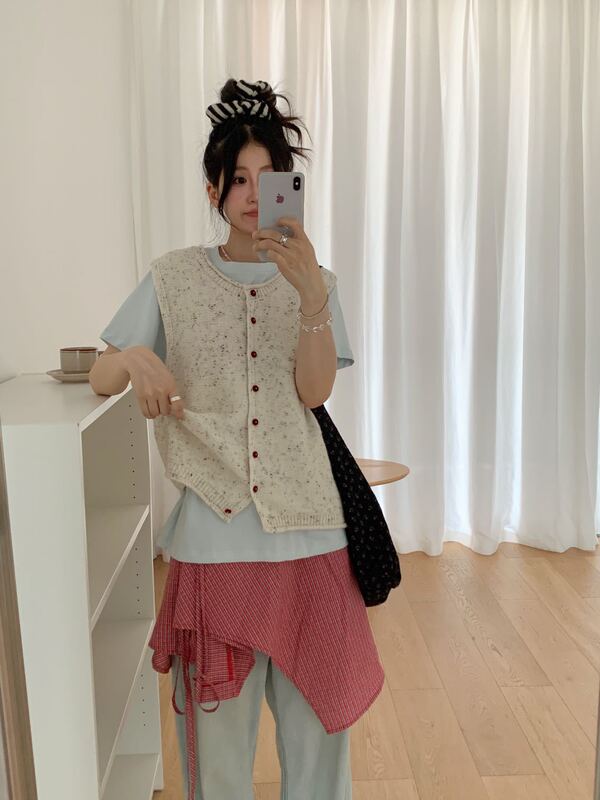 韩版圆领花线单排扣针织马甲开衫女2025早秋新款宽松百搭毛衣背心|undefined