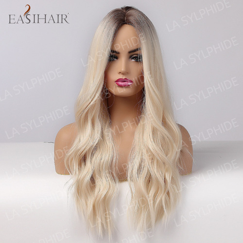 Cross-border European and American wigs for women, high-temperature silk hair, brown golden gradient, middle parting without bangs, big wavy hair