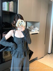 韩系甜辣波点荷叶边吊带背心叠穿长袖开衫女2025秋季新款时尚套装