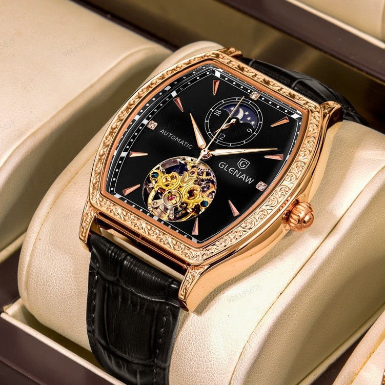 グレンの新作機械式腕時計、ムーンフェイズ、スケルトン、夜光、防水、樽型、メンズ-8168