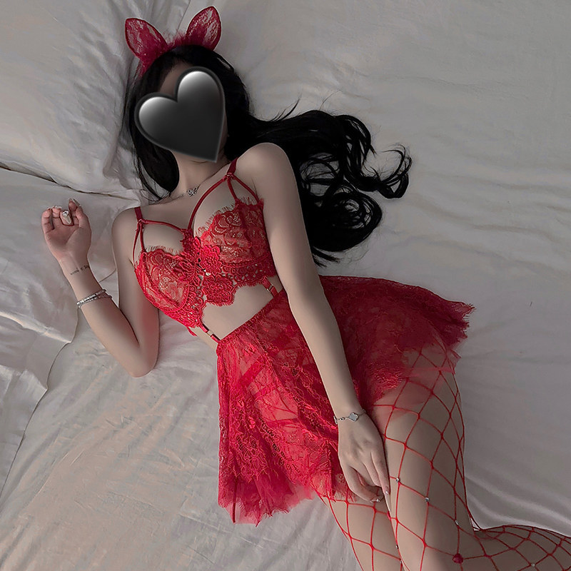 레드 [레이스 잠옷 + 팬티] + 레드 라지 메쉬 스타킹