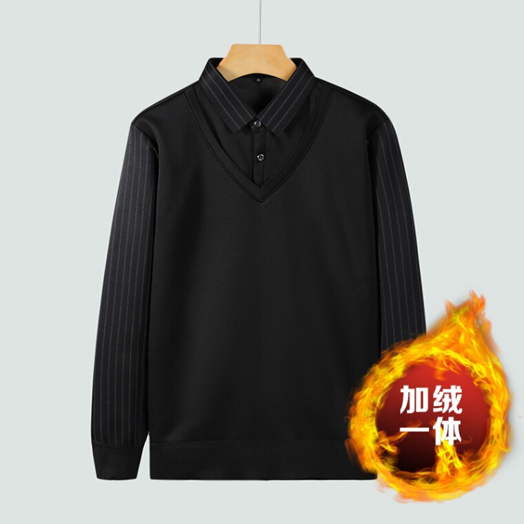 Winter Middle-aged and Elderly Fake Two-piece Warm Shirt Men's Long-sleeved fleece-lined Thickened Knitwear plus size Dad's Shirt Collar