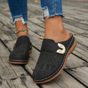 Foreign Trade plus size Baotou Flat Casual Half Slippers Women's 2024 New Solid Color Wedge Metal Buckle Beach Slippers