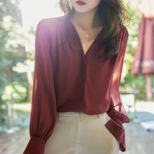 长袖衬衣女春秋季2023法式V领上衣气质宽松雪纺衬衫女通勤风