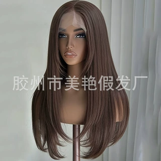 外贸跨境假发棕色分层八字刘海长卷发自然13*4前蕾丝仿真化纤头套