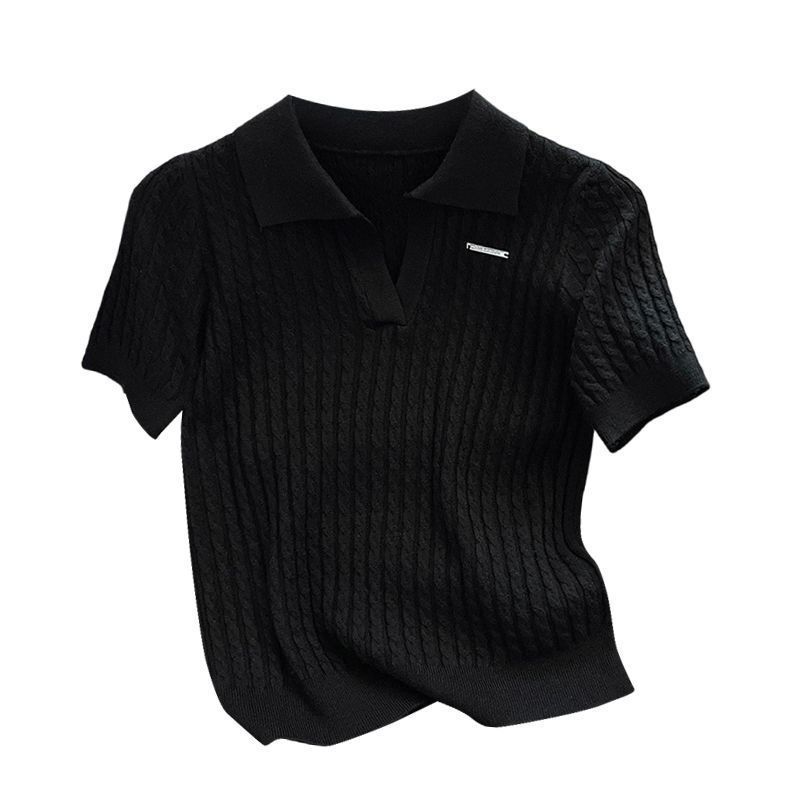 Polo Collar Ice Silk Knit Top For Women, Thin Loose Fit, Slimming, Plus Size, Short Sleeve T-Shirt_ecoleips.com