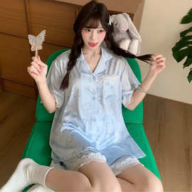 实拍夏季新款冰雪丝卡通宽松睡衣女韩系休闲甜美可爱家居服套装
