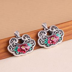 足銀999復古國潮純銀掛件 花開富貴牡丹花掐絲鎖包烤藍琺瑯彩吊墜