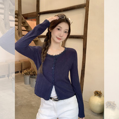 藏蓝蕾丝花边设计感针织开衫女2025秋季新款外穿短款防晒外套上衣