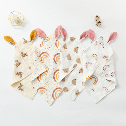 Newborn Baby Rabbit Ear Soothing Towel Cotton Gauze Baby Sleep Blanket Pure Cotton Printed Double-layer Drool Cloth Square Towel