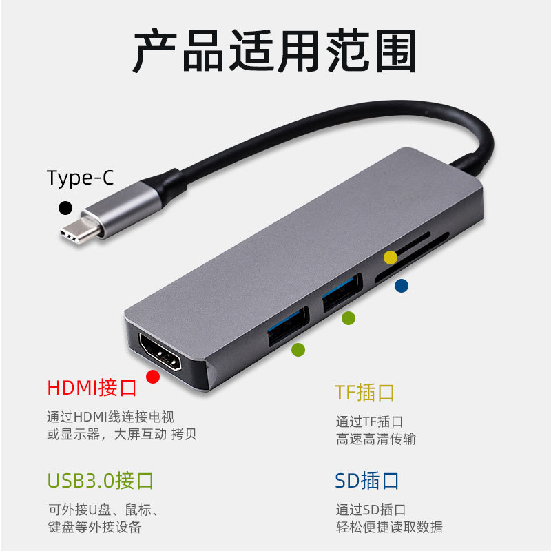 跨境五合一Type-c hdmi SD TF擴展塢USB3.0HUB筆記本拓展塢轉接器