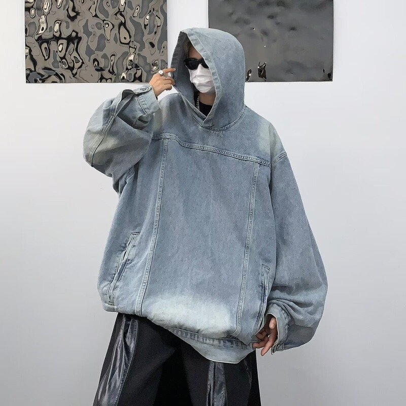 American Retro Hooded Denim Sweatshirt for Men, Loose and Versatile Trendy Ins Lazy Style Top Jacket Tiktok Same Style
