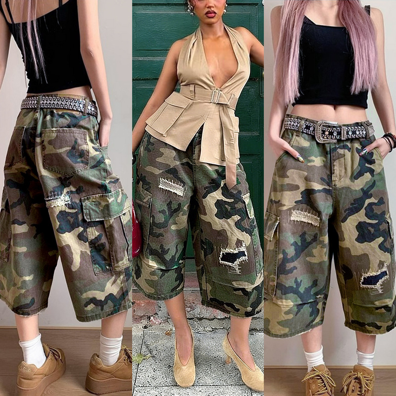 S391450 American Hot Girl Style Street Camouflage Workwear Mid-Pants for Women, Ripped and Distressed Wide-Leg Pants, Super Cool