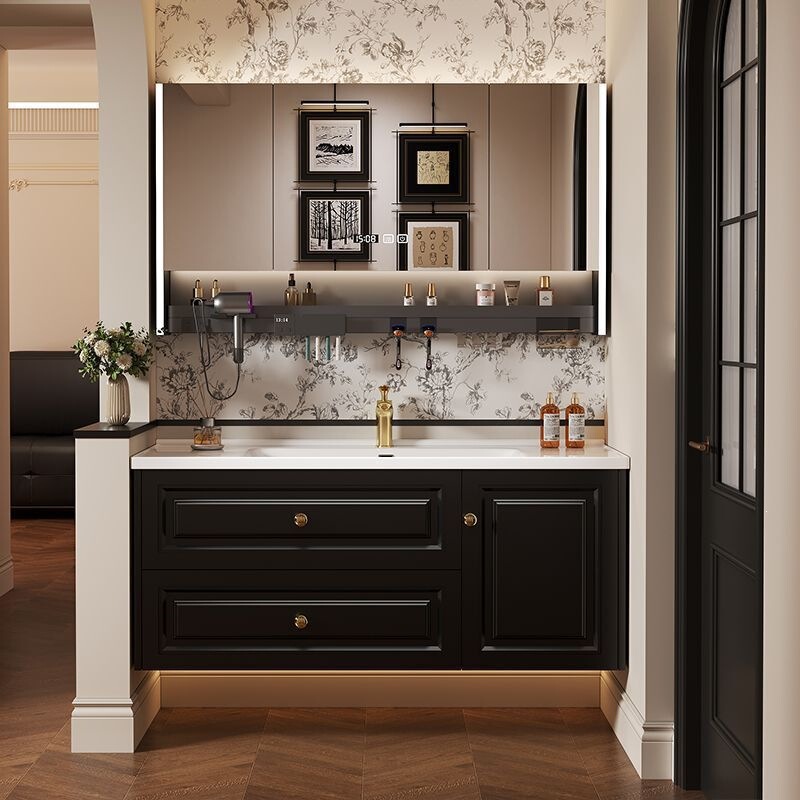 New Solid Wood Bathroom Cabinet Set with Integrated Ceramic Basin, French Retro Style Washbasin Cabinet for Small Apartments