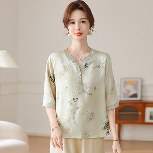 2025 Middle-aged and Elderly Women's Summer Floral Ice Silk T-shirt New Style Mother's Fashion Guofeng Silk-like Shirt Top
