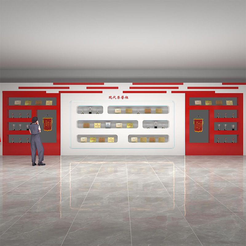 公司展厅奖牌奖杯荣誉墙展示柜企业形象墙红色烤漆党建弧形展柜