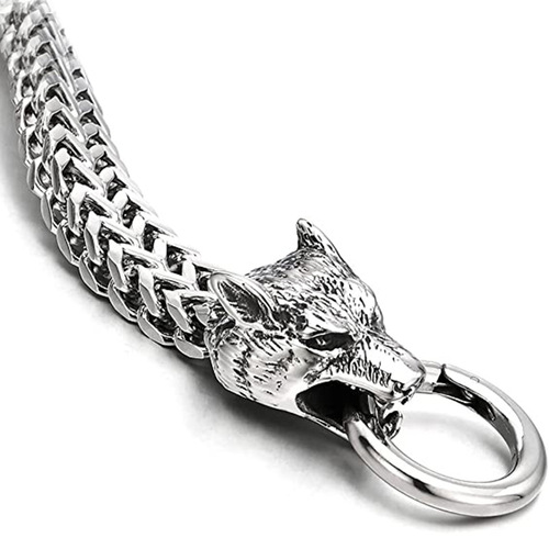 Longrui Men's Stainless Steel Wolf Head Franco Link Chain Bracelet Retro Personalized Viking Wolf Head Bracelet