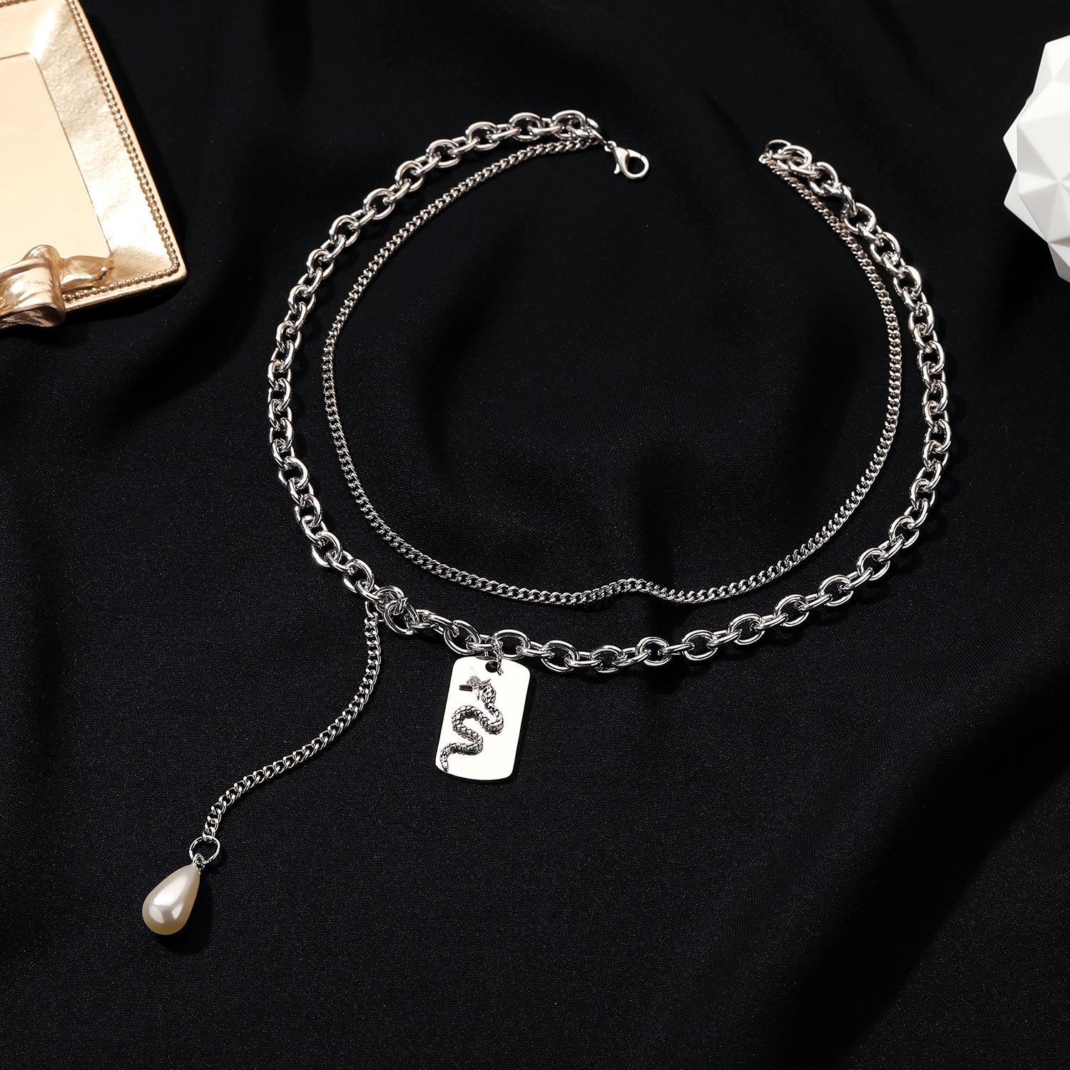 Fashion Double-Layer Water Drop Pearl Snakes Square Pendant Clavicle Chain Necklace